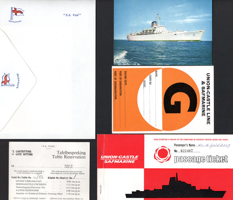 S.A. VAAL: 1961 - Ephemera from 1974 voyage - menus, log, deck plan, stationery, postcards