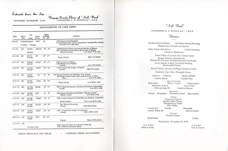 S.A. VAAL: 1961 - Ephemera from 1974 voyage - menus, log, deck plan, stationery, postcards