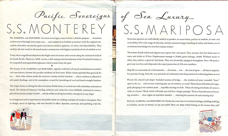 MARIPOSA & MONTEREY: 1932 - BIG 1930s deck plan w/ COLOR & b&w interior photos