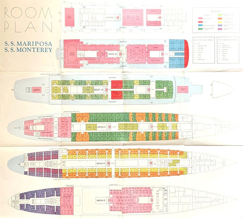 MARIPOSA & MONTEREY: 1932 - BIG 1930s deck plan w/ COLOR & b&w interior photos