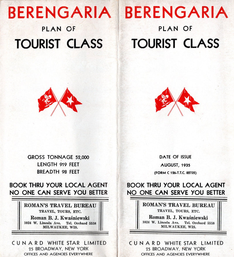 BERENGARIA: 1913 - Tourist Class deck plan w/ photos from 1935