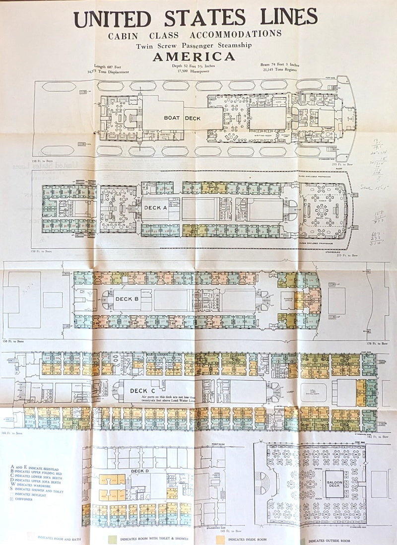 AMERICA: 1905 - Cabin (First) Class deck plan from 1930