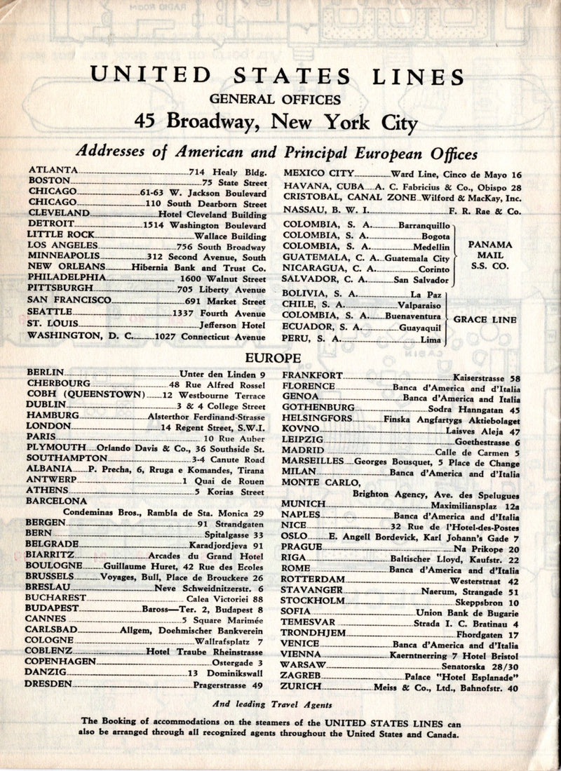 AMERICA: 1905 - Cabin (First) Class deck plan from 1930