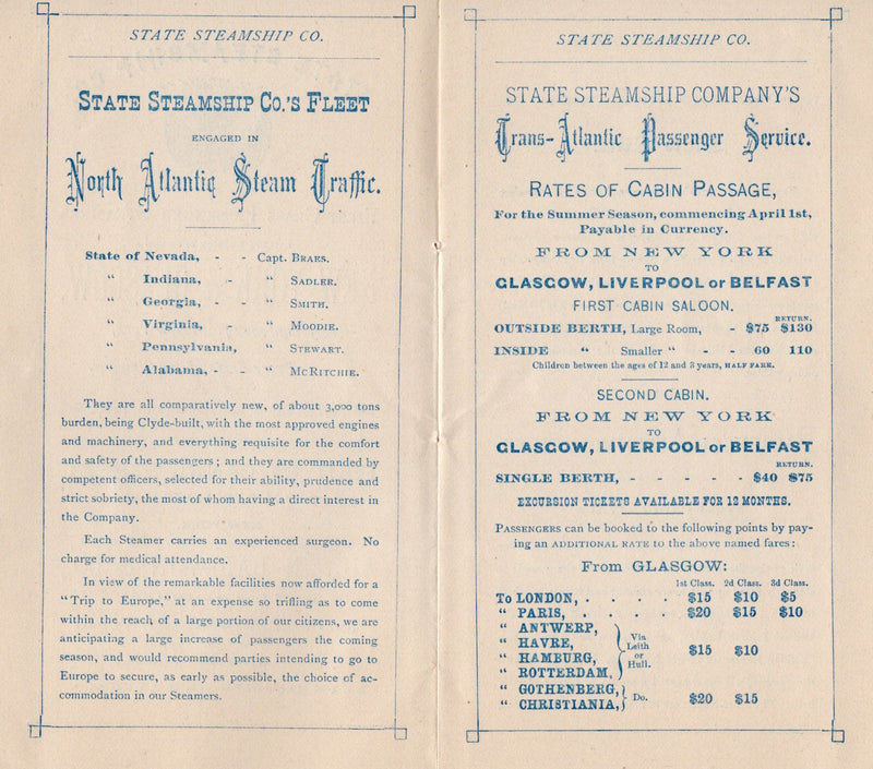 Various: pre-war - Circa 1874 State Line fleet brochure w/ deck plans