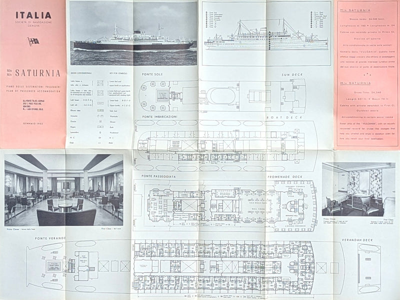 SATURNIA: 1927 - Full ship deck plan w/ interiors from 1962