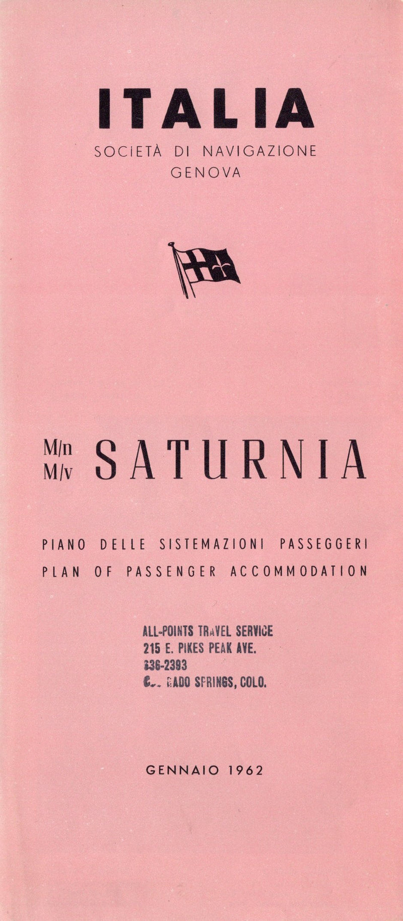 SATURNIA: 1927 - Full ship deck plan w/ interiors from 1962