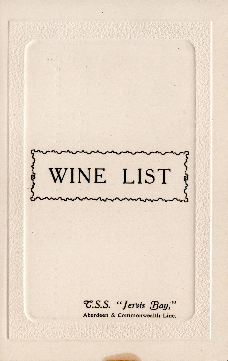 JERVIS BAY: 1922 - Wine list from valiant ship