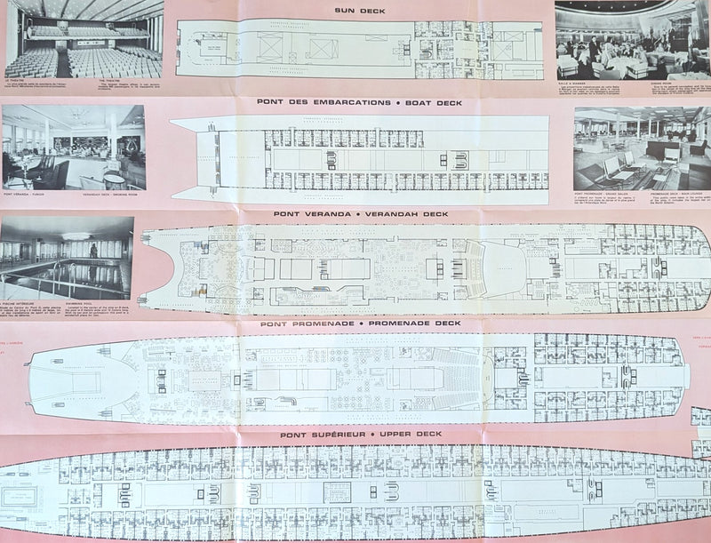 FRANCE: 1962 - Full ship cruise deck plan w/ interiors from 1960s
