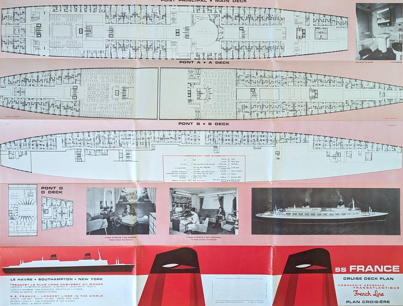 FRANCE: 1962 - Full ship cruise deck plan w/ interiors from 1960s
