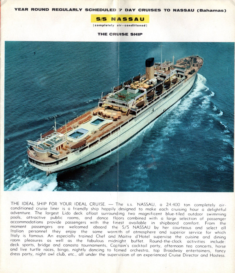 NASSAU: 1924 - Fold-out 1960 cruise brochure w/ deck plans