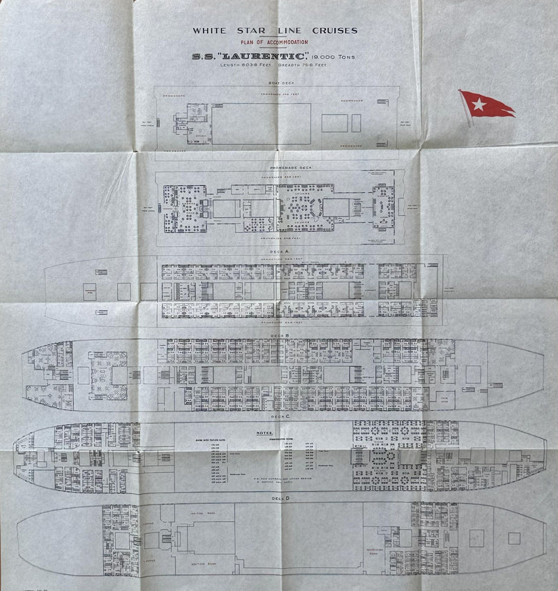 LAURENTIC: 1927 - Cruise plan w/ 1st & 2nd classes from 1932
