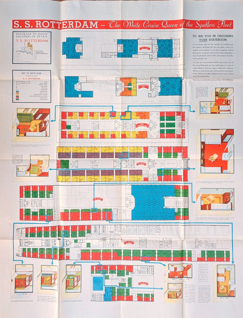 ROTTERDAM: 1908 - Big 1934 North Cape cruise brochure w/ deck plans & interiors