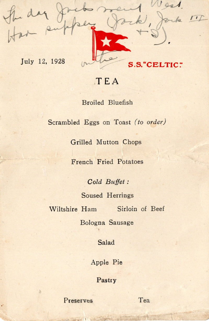 CELTIC: 1901 - Tea menu from 1928