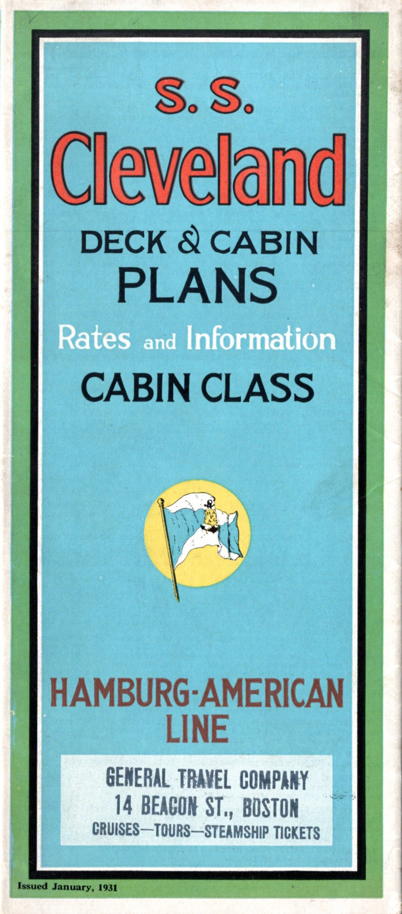 CLEVELAND: 1909 - Deluxe Cabin (First) Class deck plan brochure w/ interiors