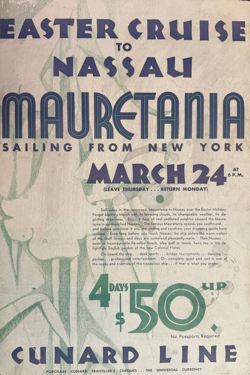 MAURETANIA: 1907 - Original agency standee for 1932 cruise