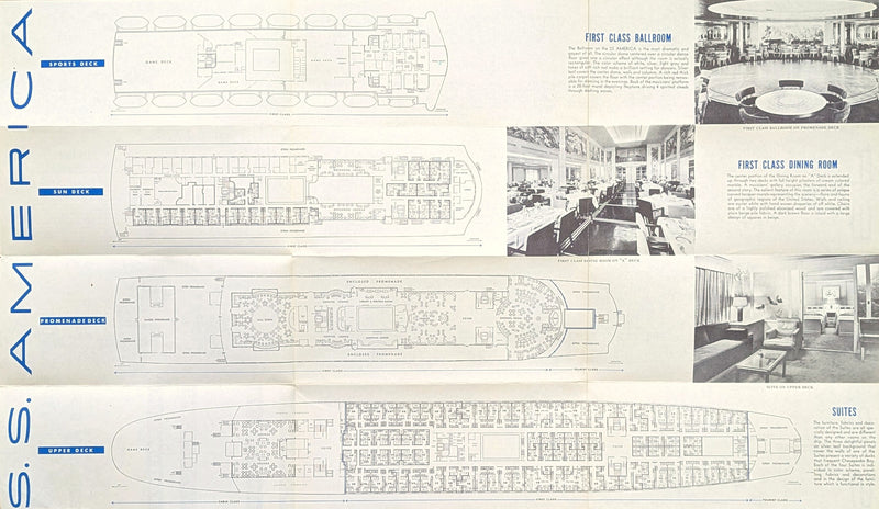 AMERICA: 1940 - Miniature 3-class deck plan from 1954