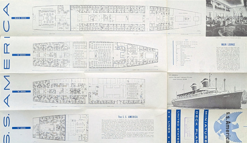 AMERICA: 1940 - Miniature 3-class deck plan from 1954