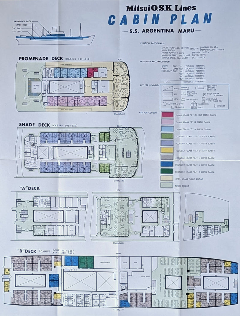 ARGENTINA MARU: 1958 - Deck plan w/ interior photos