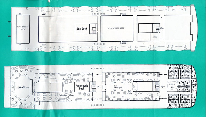 MATSONIA: 1932 - Deck plan w/ interior photos 1957