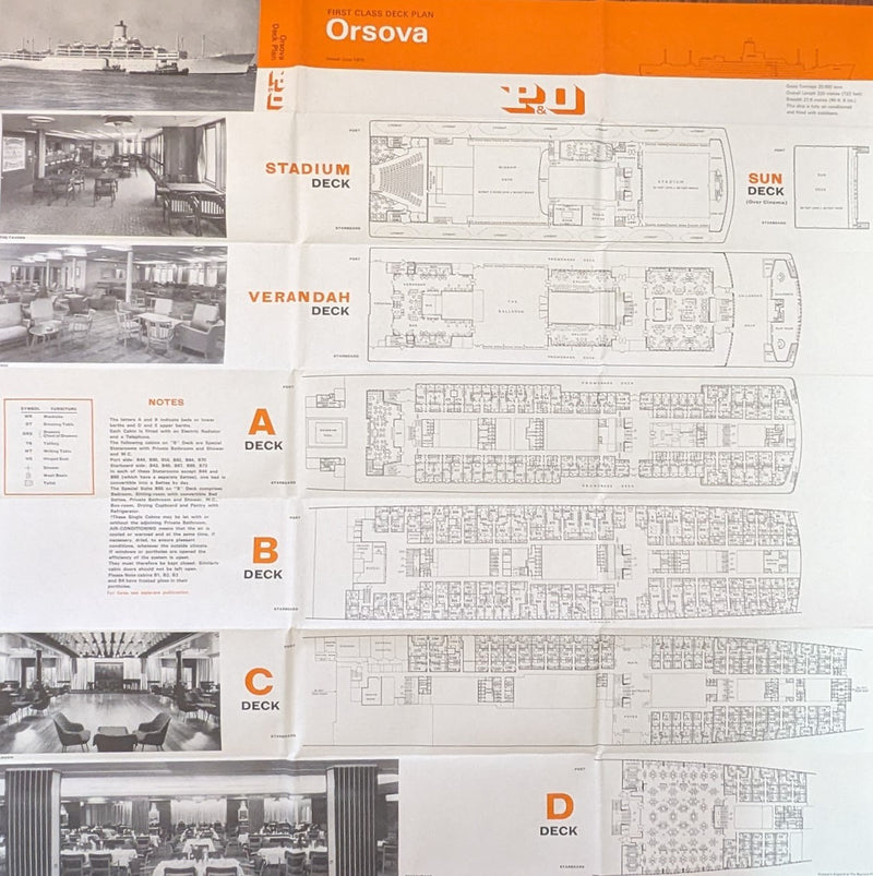 ORSOVA: 1954 - First & Tourist deck plan set w/ interior photos