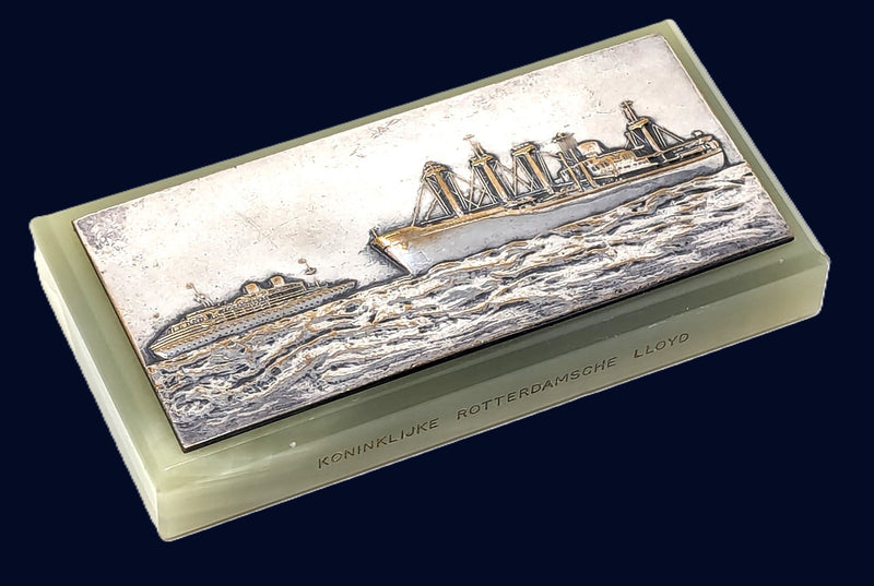 Various Ships - Royal Rotterdam Lloyd soapstone paperweight w/ silver portrait of ships