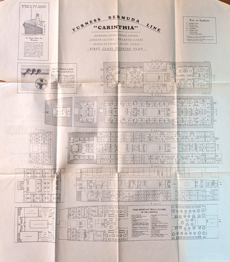CARINTHIA: 1925 -  Rare deck plan while chartered to Furness Bermuda