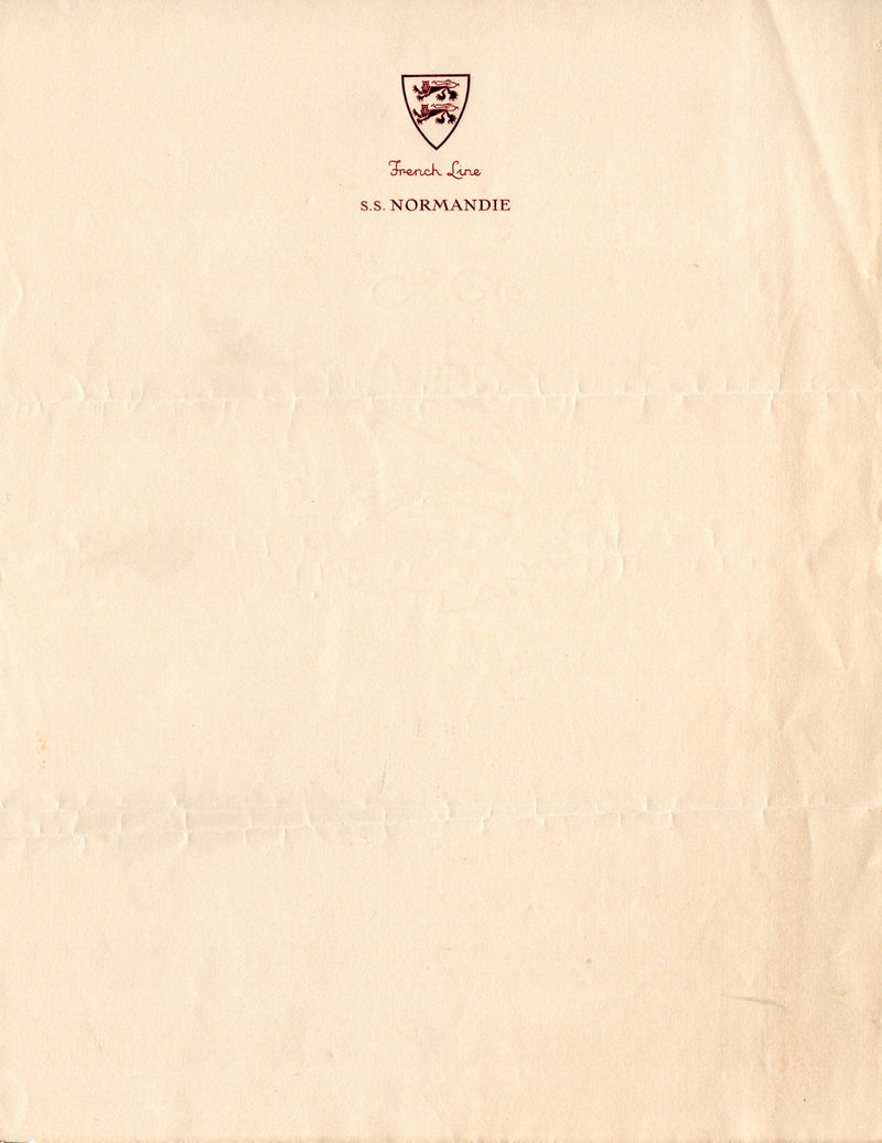 NORMANDIE: 1935 - Famed stationery w/ playful ship watermark