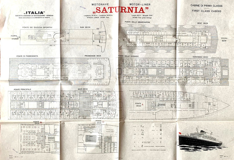 SATURNIA: 1927 - Large tissue First Class deck plan from 1937
