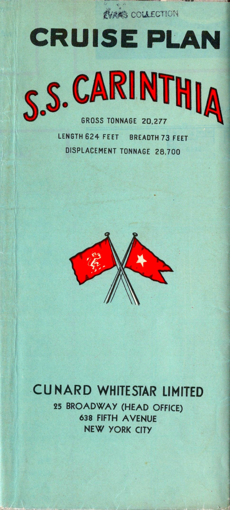 CARINTHIA: 1925 - Large color-coded cruise plan from 1936
