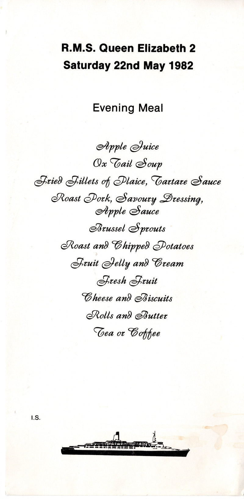QE2: 1969 - Troopship dinner menu 22 May 1982