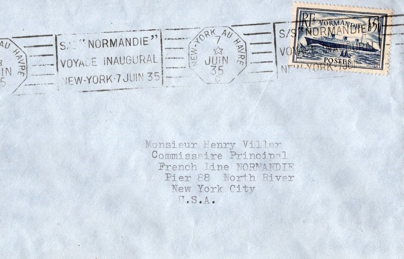 NORMANDIE: 1935 - Maiden Voyage cachet addressed to famed chief steward Henry Villar