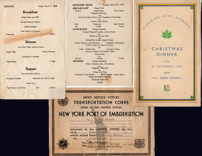 QUEEN ELIZABETH: 1940 - 3 WW2 troopship menus & embarkation card