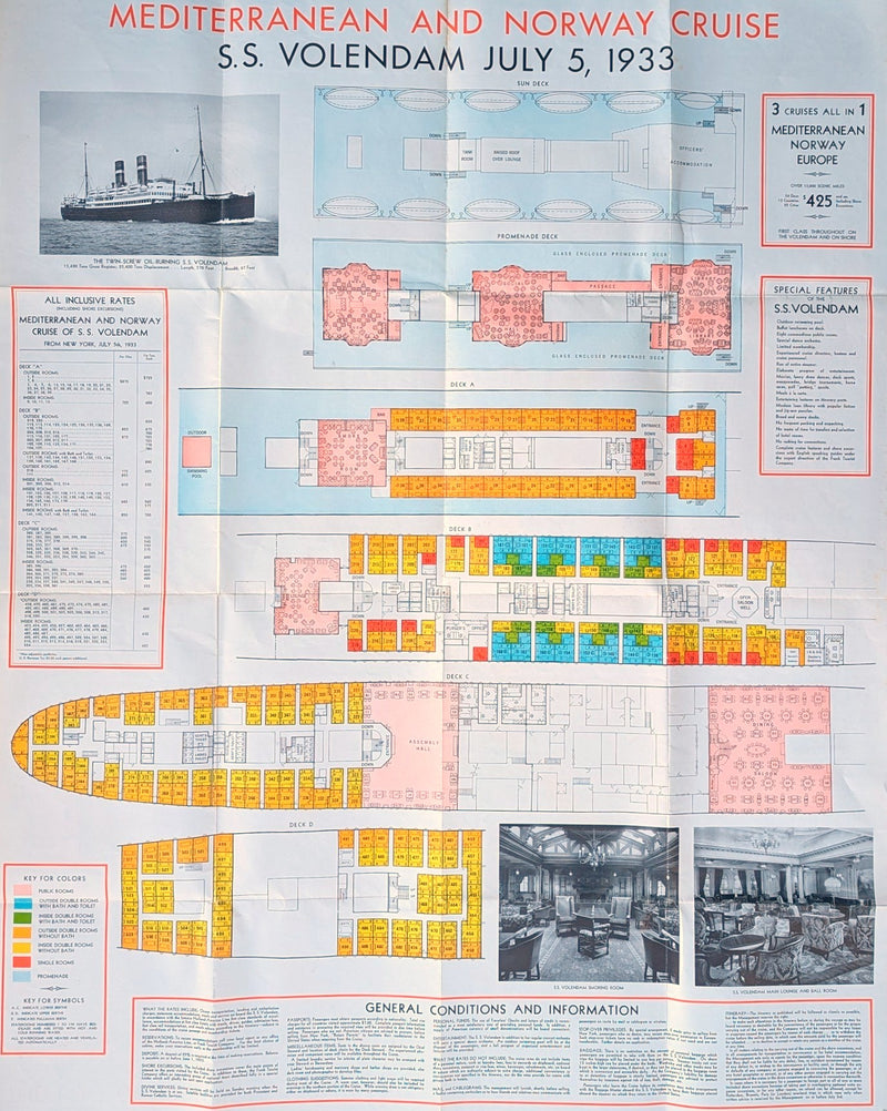 VOLENDAM: 1921 - Big 1933 cruise brochure w/ deck plans & interiors