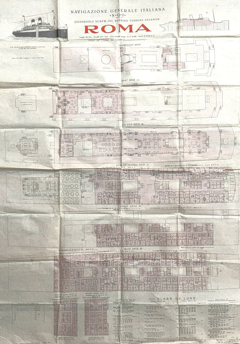 ROMA: 1926 - Large 1926 First & Second class tissue deck plan