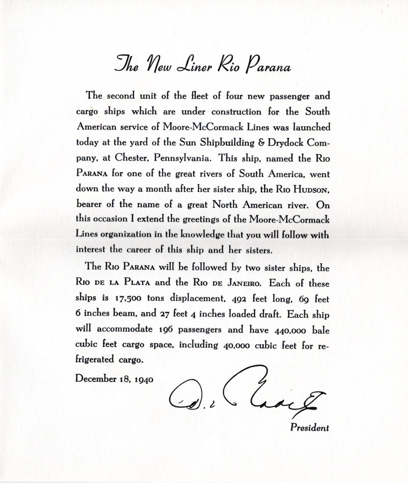 RIO PARANA & RIO DE LA PLATA: 1941 - 2 launch cachets for ships that went to war