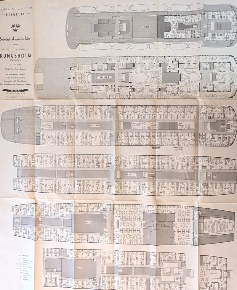 KUNGSHOLM: 1953 - First & Tourist class deck plan from 1961