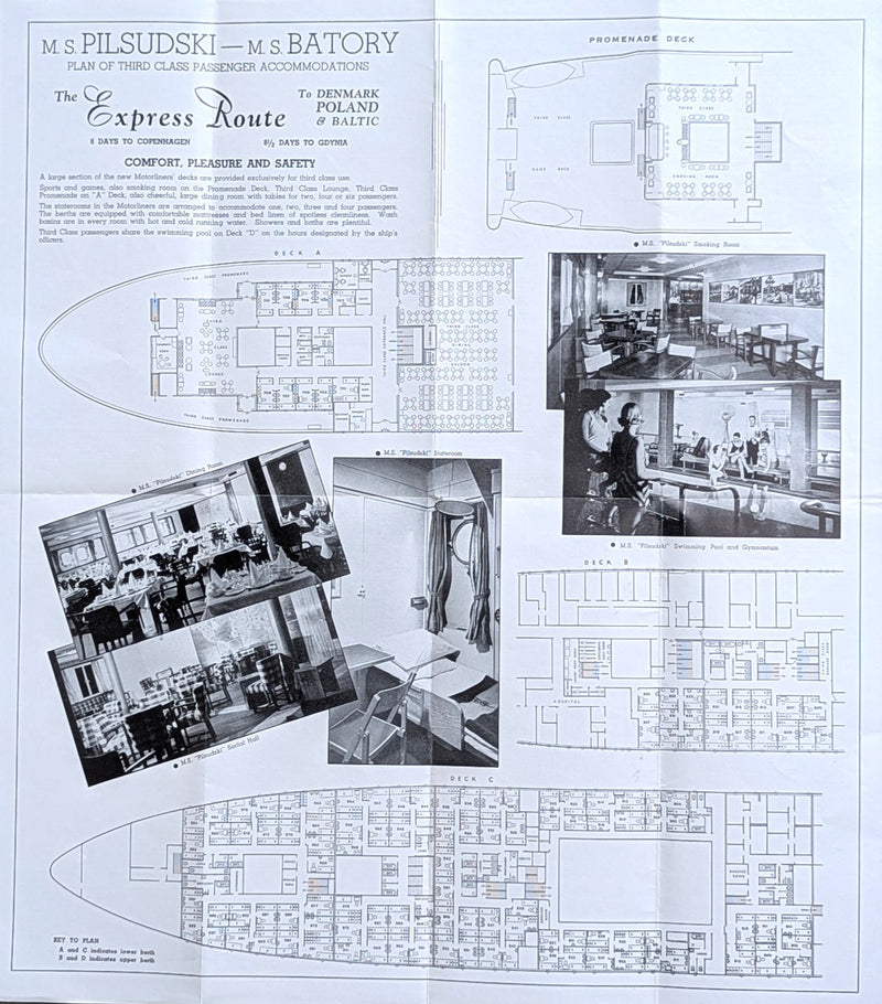 PILSUDSKI & BATORY - 3rd Class deck plan w/ interiors & rates