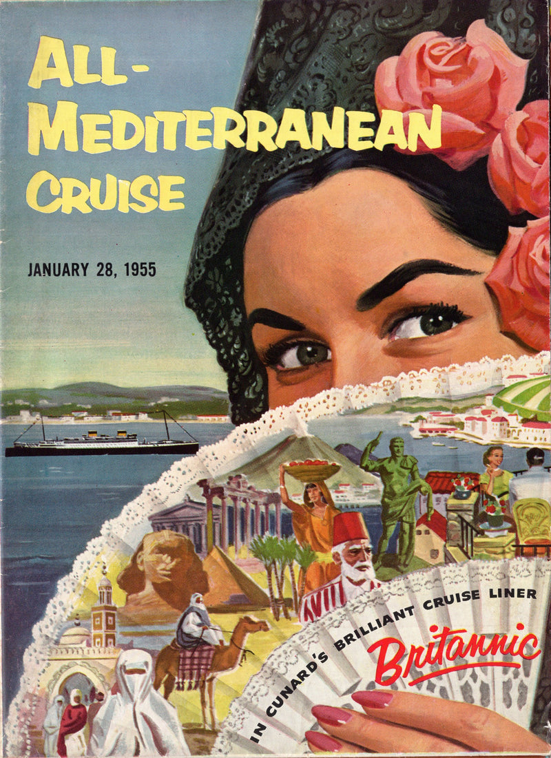BRITANNIC: 1930 - Large Mediterranean cruise plan w/ color interiors from 1955