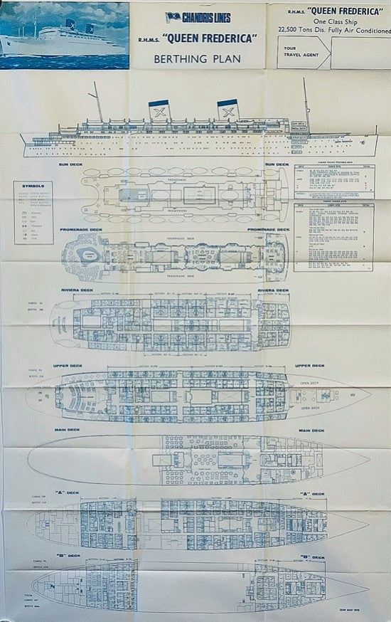 QUEEN FREDERICA: 1927 - Large tissue deck plan from 1970