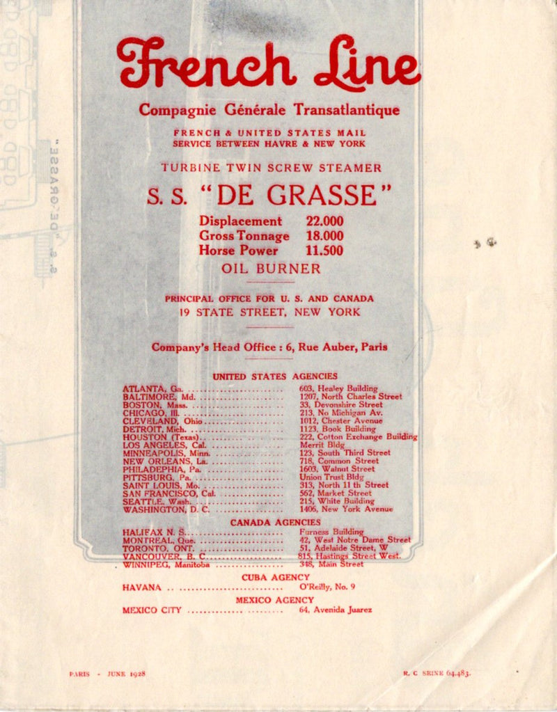 DE GRASSE: 1924 - Cabin Class deck plan from 1928