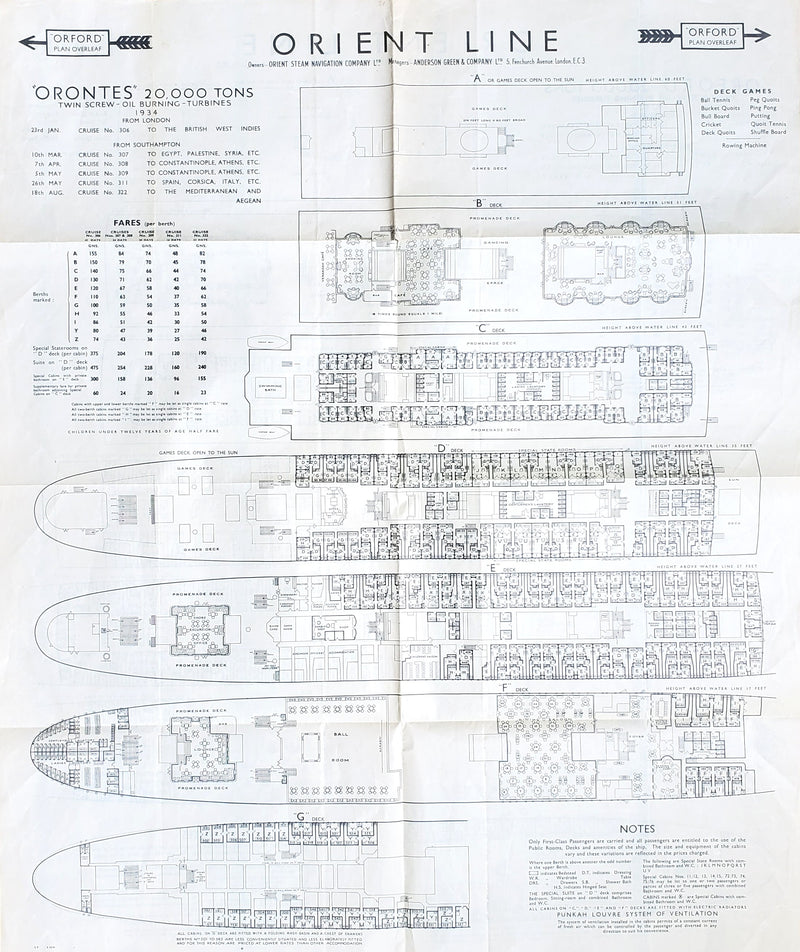 ORFORD & ORONTES - Two-sided cruise plan from 1934