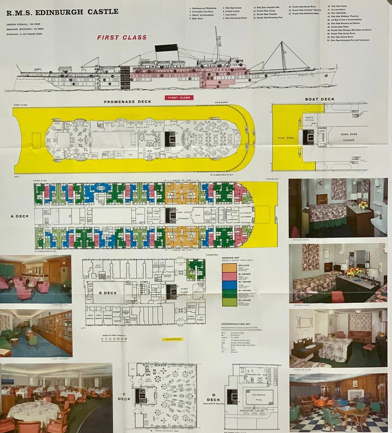 EDINBURGH CASTLE: 1948 - Deck plan w/ color interior photos