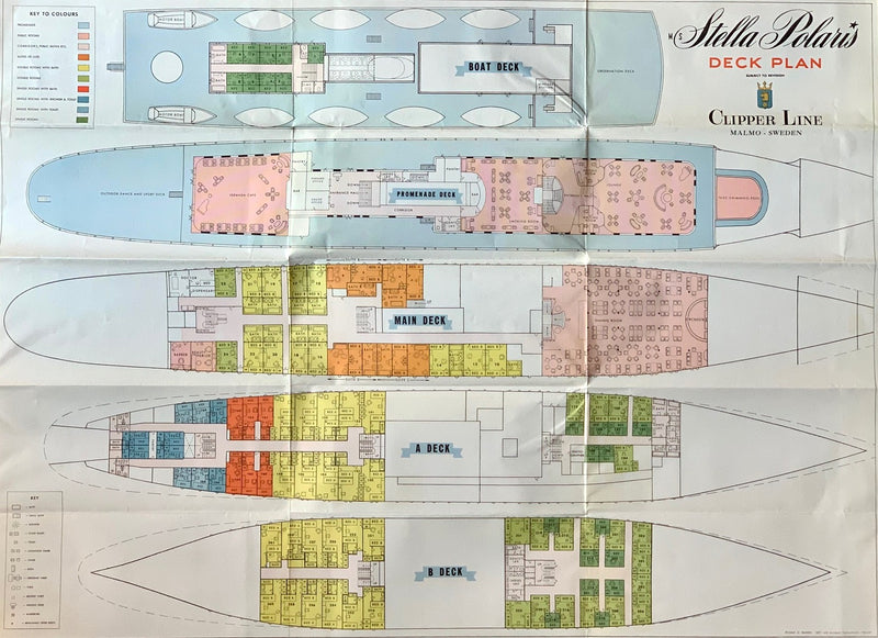 STELLA POLARIS: 1927 - Color-coded deck plan from 1950s