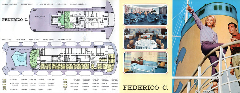 FEDERICO C: 1958 - Deluxe deck plan-interiors brochure from 1968