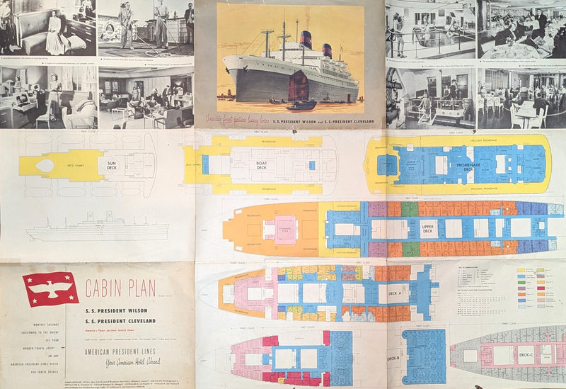 PRESIDENT CLEVELAND & PRESIDENT WILSON - Large 1949 deck plan w/ route map & interiors