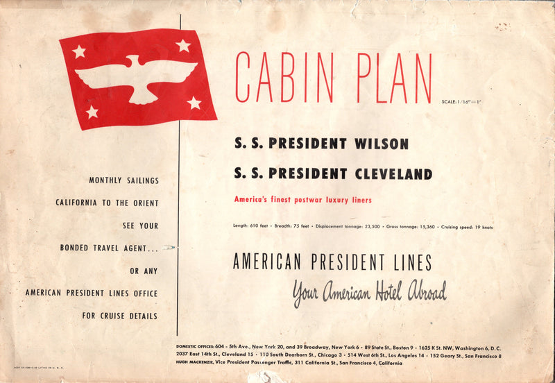 PRESIDENT CLEVELAND & PRESIDENT WILSON - Large 1949 deck plan w/ route map & interiors