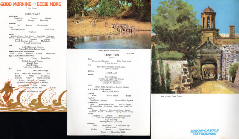 S.A. VAAL: 1961 - Ephemera from 1974 voyage - menus, log, deck plan, stationery, postcards
