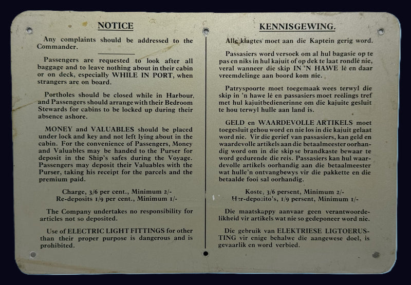 S.A. VAAL: 1962 - 2 aluminum cabin signs from ship