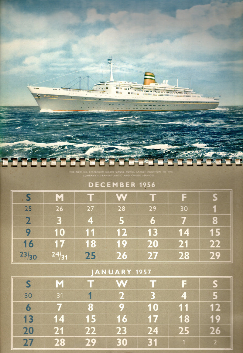 Various Ships - 1957 Holland America Line calendar w/ color ship photos
