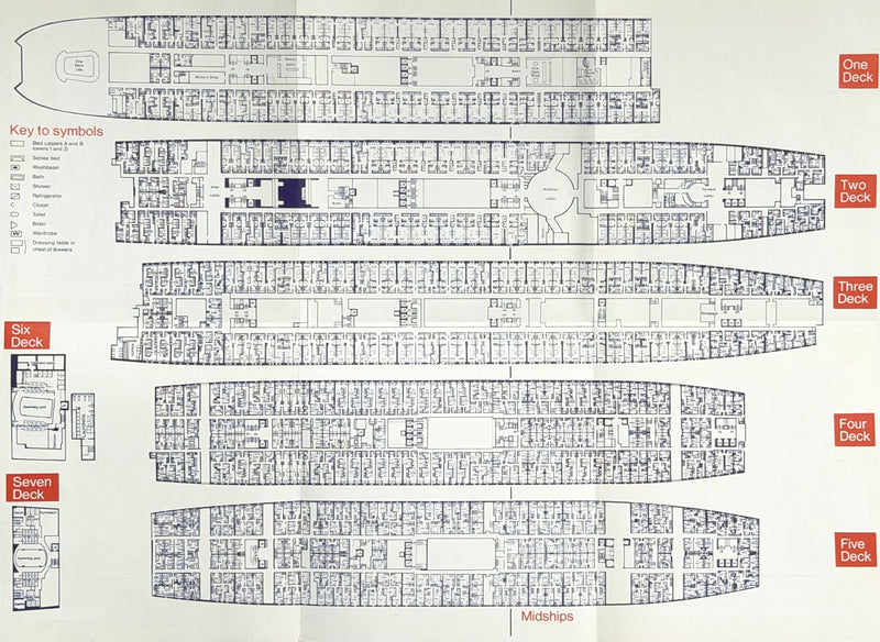 QE2: 1969 - Rare 1971 "Atlantic" deck plan w/ original lay-out